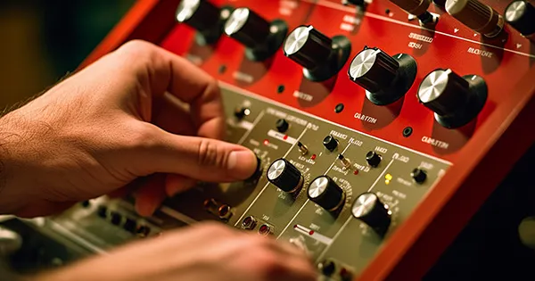 An image of an audio engineer adjusting the level of a preamp.