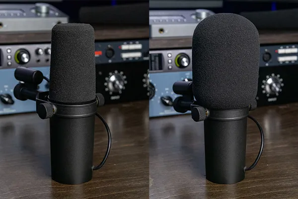 An image of the Shure SM7B's standard pop filter and A7WS pop filter.