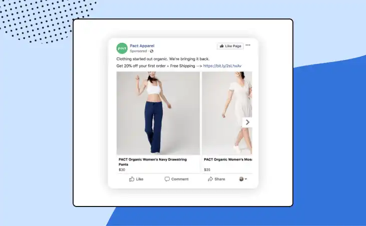A retargeted Facebook ad from Pact Apparel that offers 20% off one order plus free shipping. This could help recover an abandoned cart.