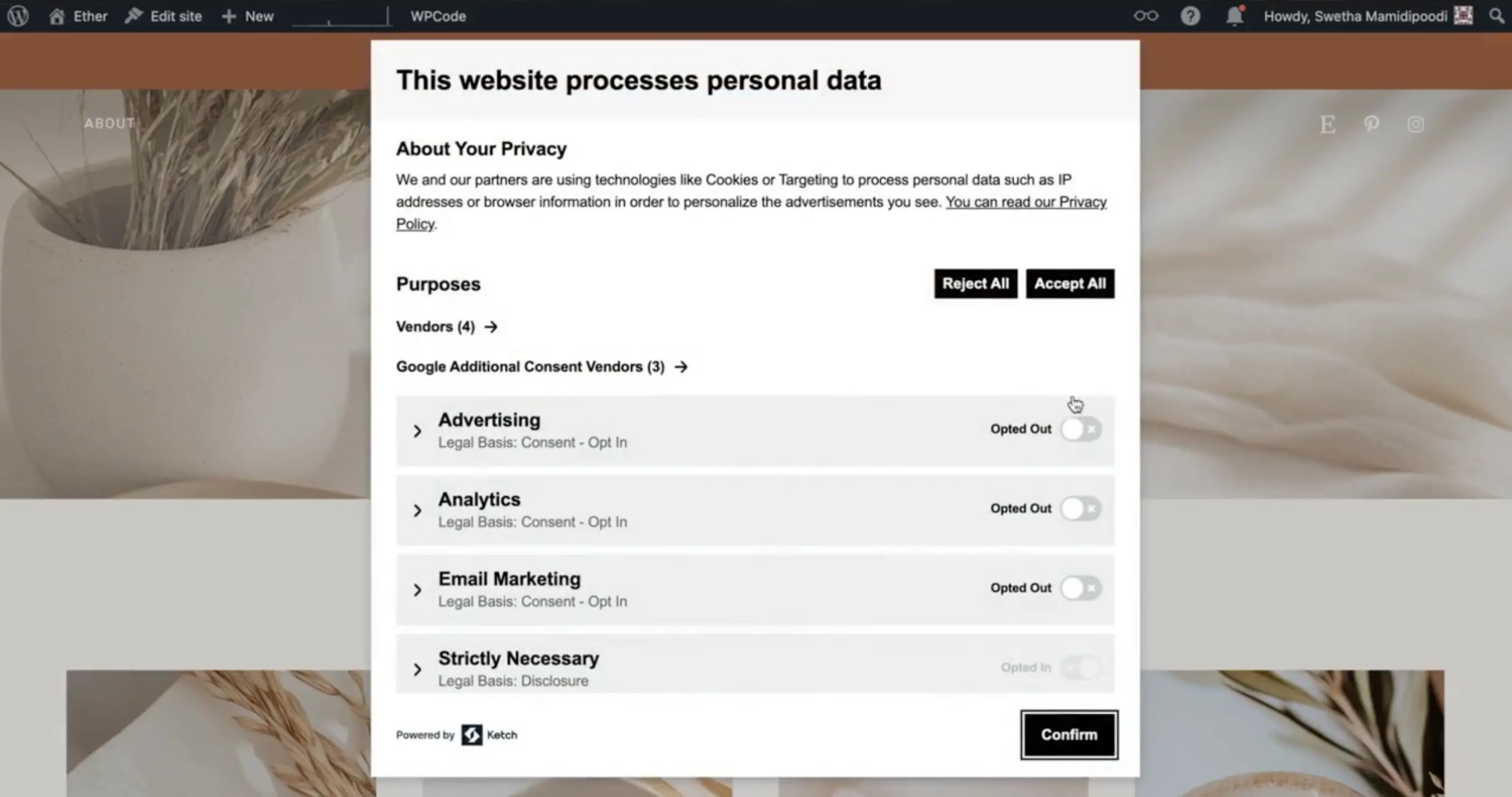 preview of wordpress cookie banner on your website