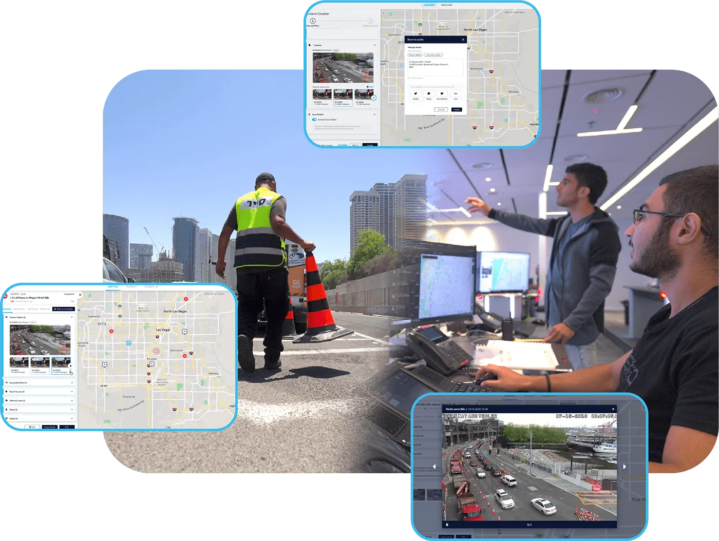 Man putting out cone in a safety hazard zone with other men looking at computer monitors in a traffic management center