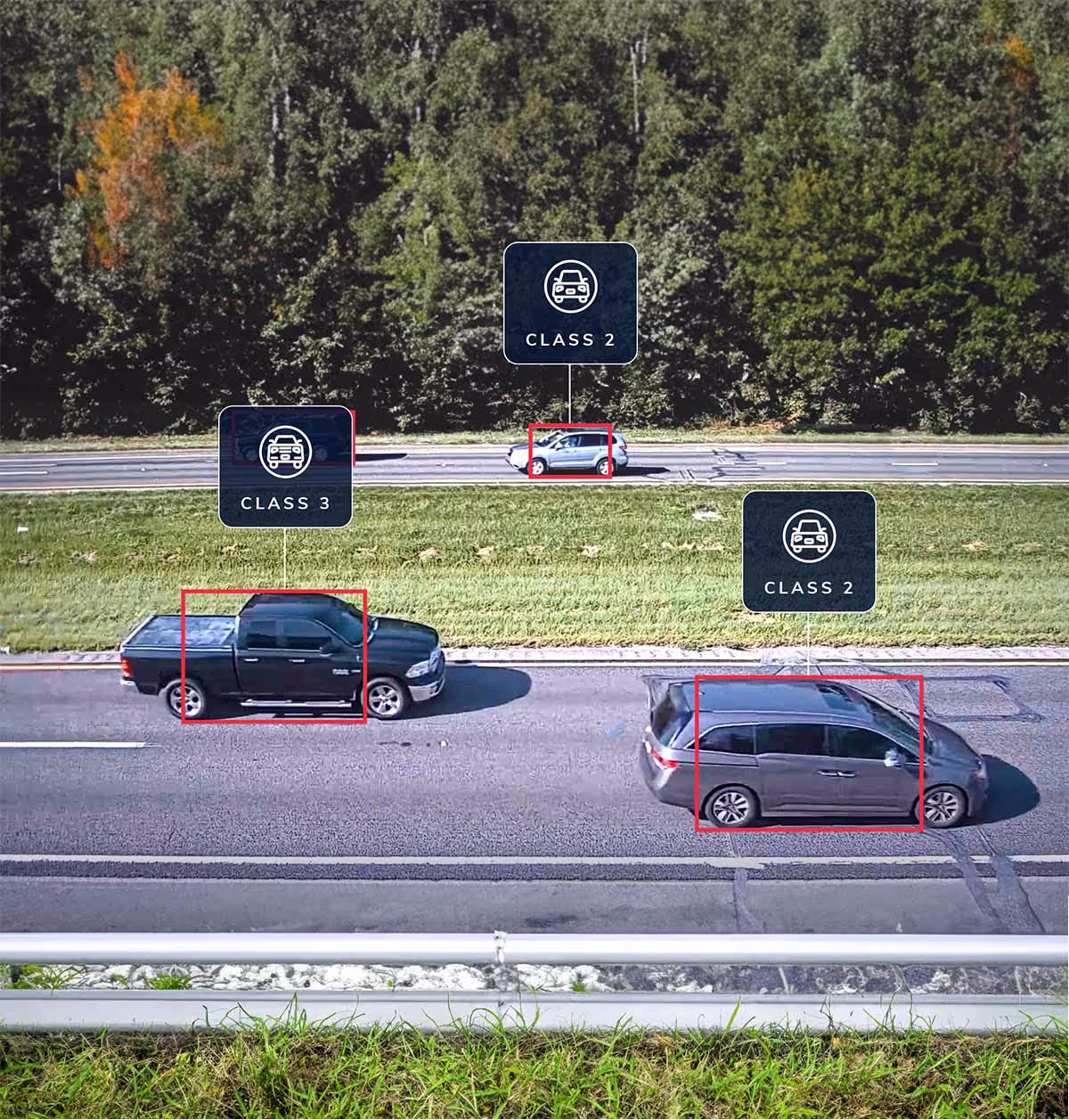 Cars driving on a highway classified with popups detailing what FHWA vehicle class they are