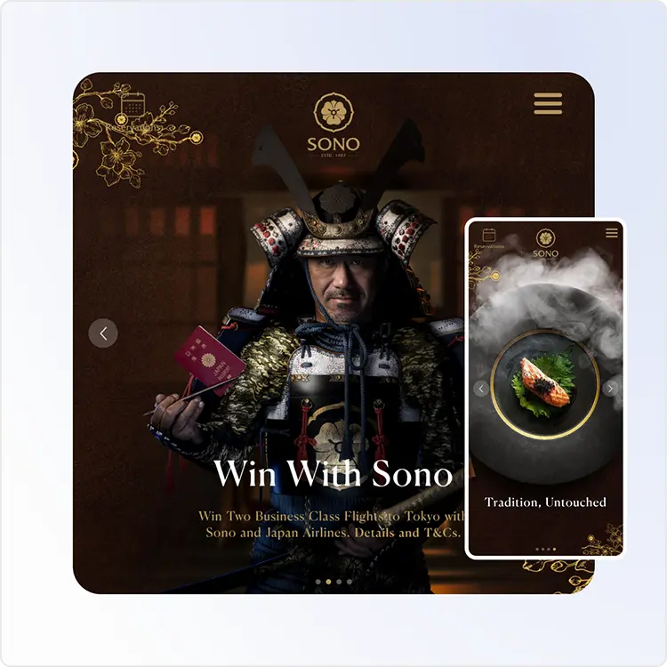 Mobile and desktop screenshots of a Japanese restaurant website made with WordPress.
