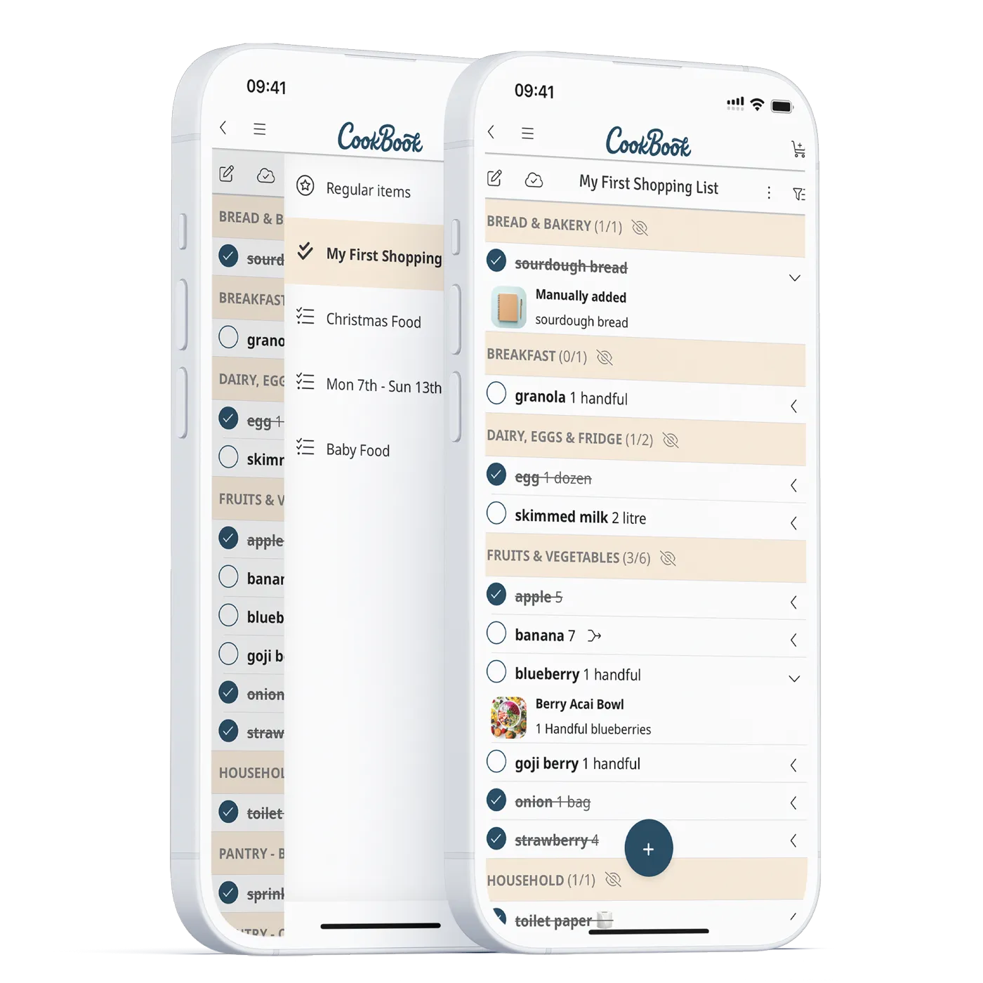2 white phones with shopping lists displayed
