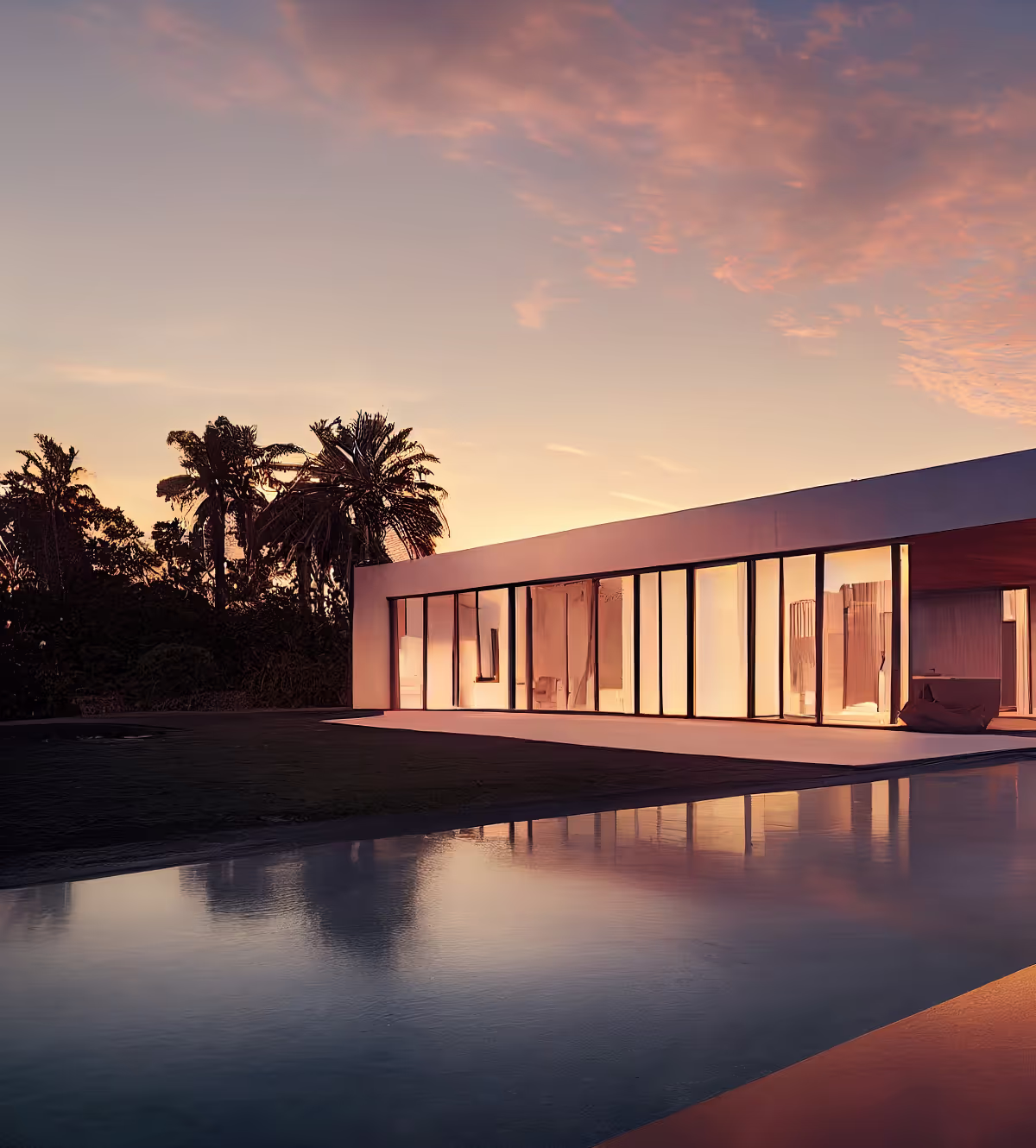 A modern luxury home with floor-to-ceiling windows reflects a sunset by an infinity pool.