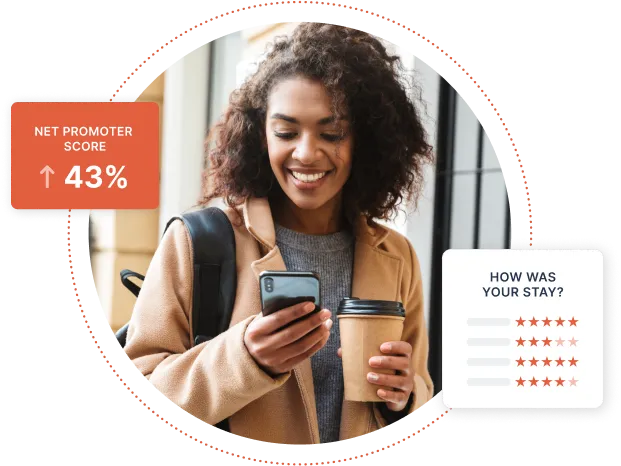 Woman rating hotel stay on her phone