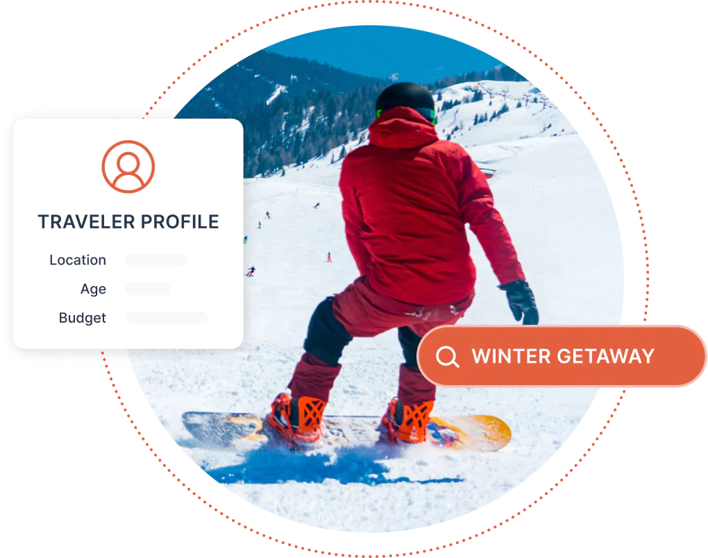 Person snowboarding with search bar for "Winter Getaways"