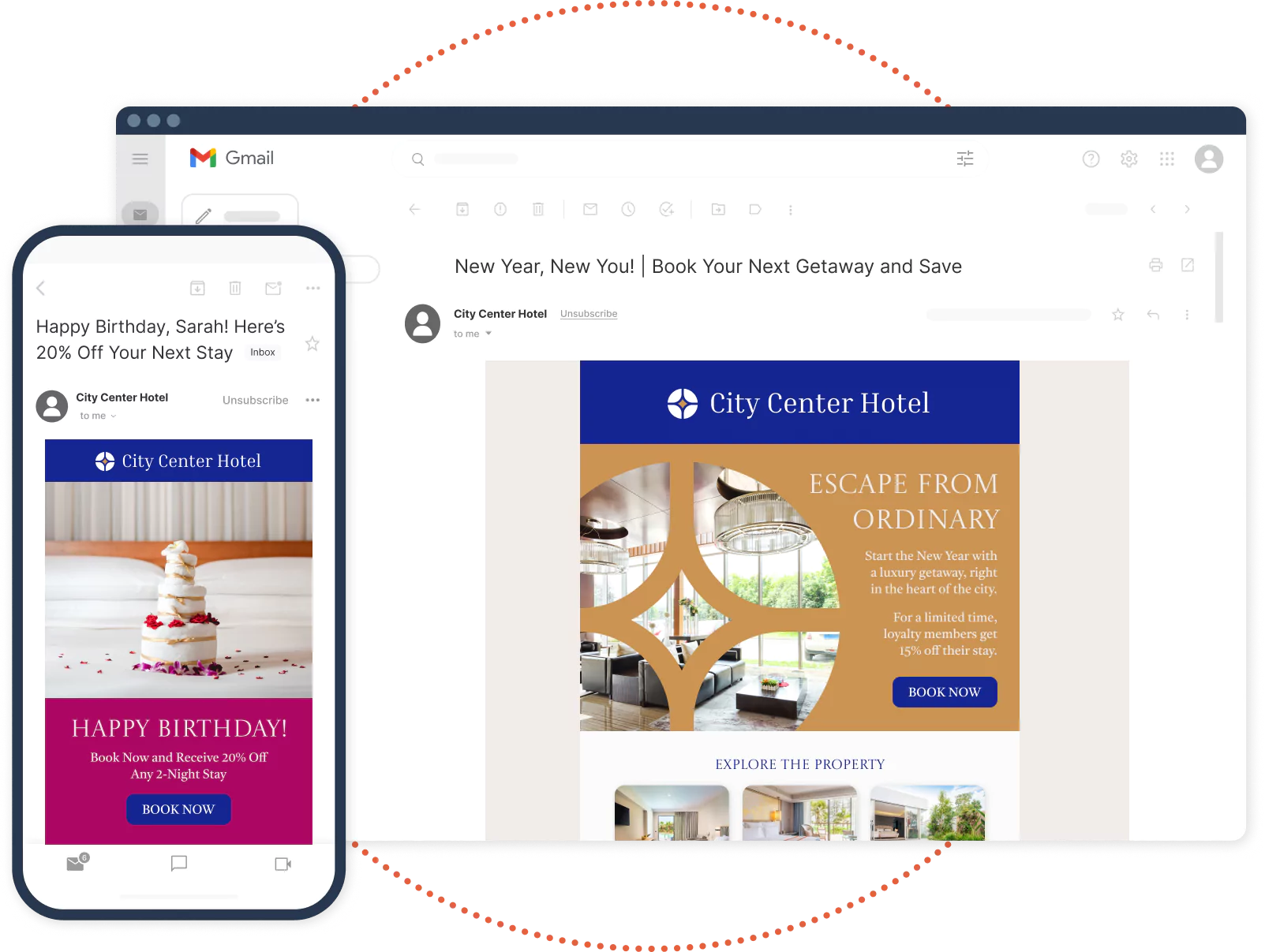 Mockups of phone and desktop loyalty emails from hotel
