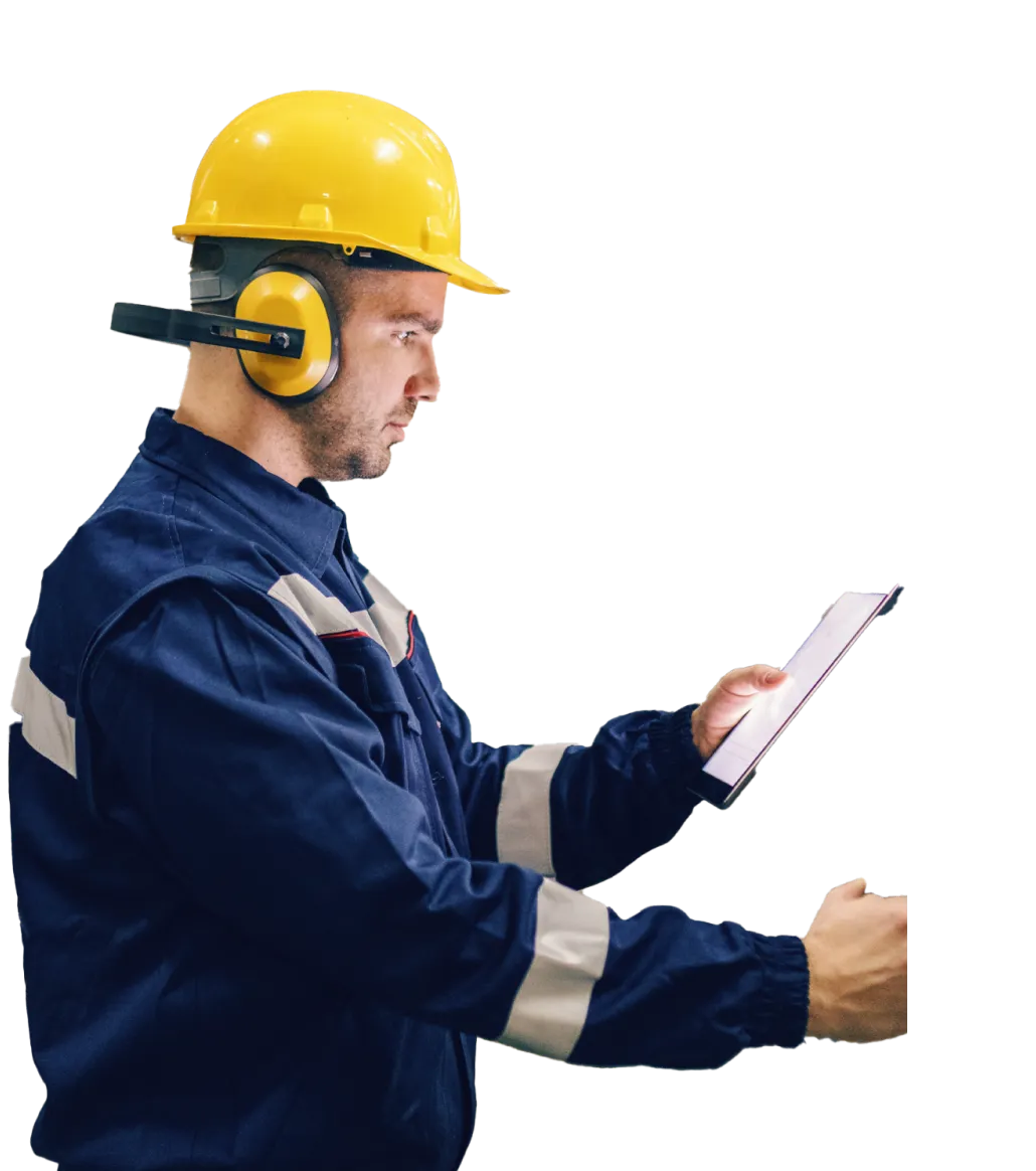 Image of maintenance worker looking at MaintainX application on tablet device