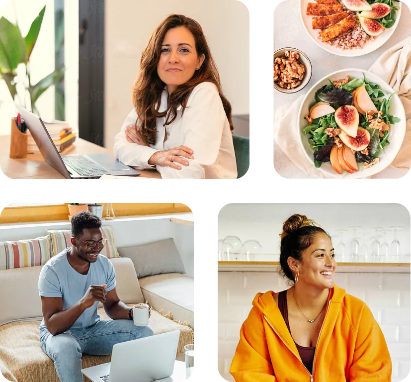 Doctor, healthy food,  man on a computer , and smiling women sitting on counter in baggy yellow sweatshirt
